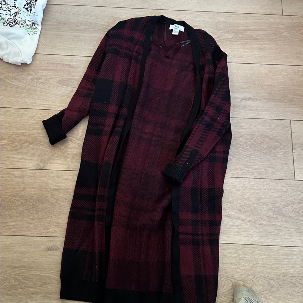 Magaschoni Burgundy and Black Plaid Cardigan